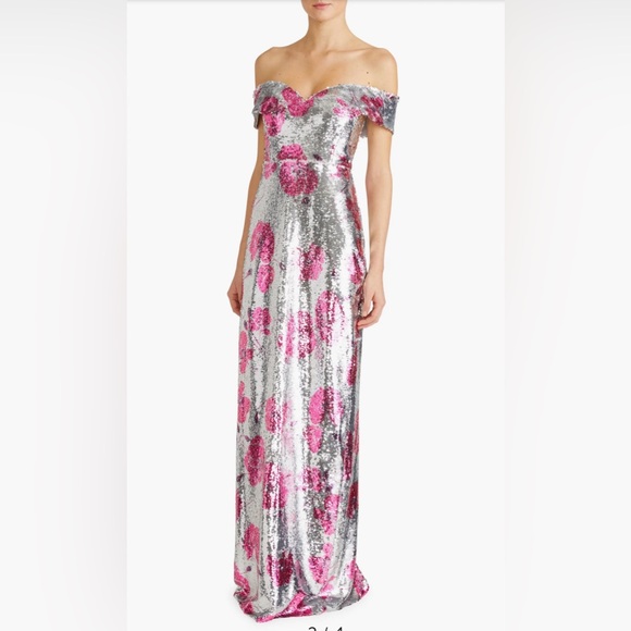 ML Monique Lhuillier Sequined Off The Shoulder Evening Dress - Picture 3 of 13